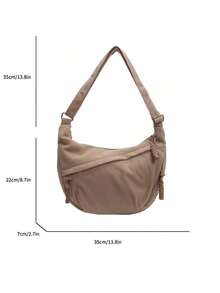 Fashionable Yellow Nylon Waterproof Shoulder Bag With Simple & Casual College Style, Wide Strap, Multiple Zipper Design Suitable For Students, Shopping, Daily Use, Shoulder Bag For School - Màu Khaki - Xem 3