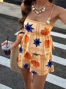 Doriss 两件套荷叶边吊带印花吊带背心套装，女士沙滩装，夏季服装，情人节，休闲上衣，女士度假装，夏季假期 - 彩色 - 查看 2