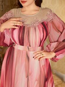 SUPGIR [Random Cut] Round Neck Lantern Sleeve Luxury Beaded Embroidery Decor Elegant Flared Hem Multi-Color Evening Gown Dress - Pink - View 7