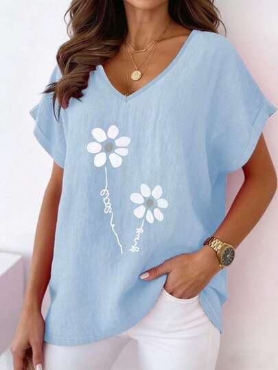 Plus Size Women's Printed V-Neck Comfortable Washed Casual Short Sleeve T-Shirt, Summer Vacation