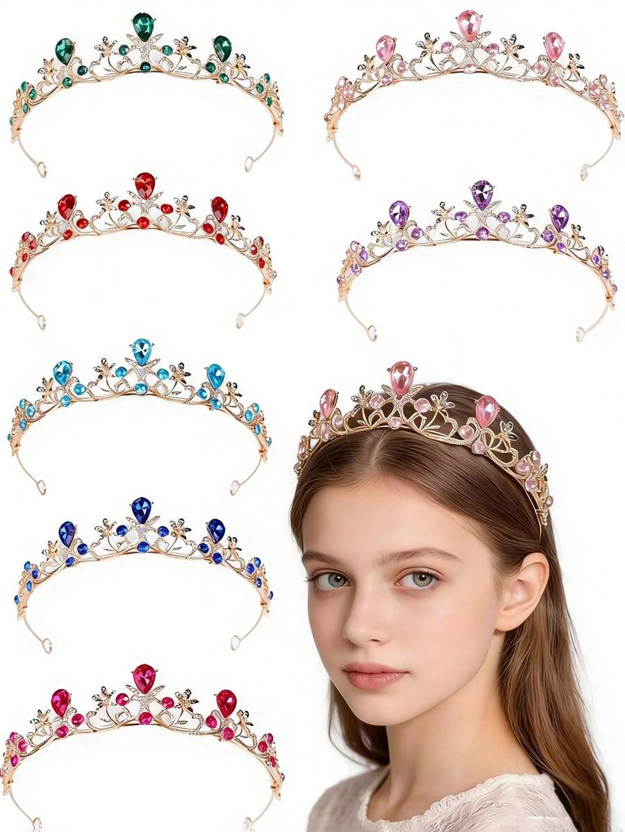 1pc Girls' Luxury Sweet Crystal Princess Crown Headband - Multicolor - View 1