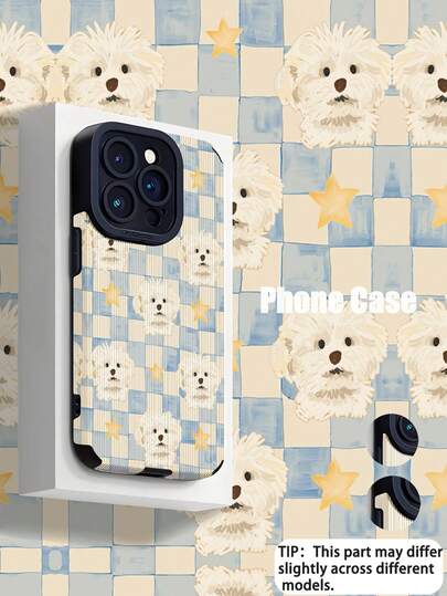 Capa de celular macia e resistente a arranhões com estampa xadrez azul e branca de estrelas e cachorros, em couro sintético, com textura que imita couro. Ideal como presente de aniversário ou para outras ocasiões especiais para amigos, familiares e casais. Compatível com iPhone 17, 17 Air, 17 Pro, 17 Pro Max, 16, 16 Plus, 16 Pro, 16 Pro Max, 15, 15 Plus e 15 Pro.