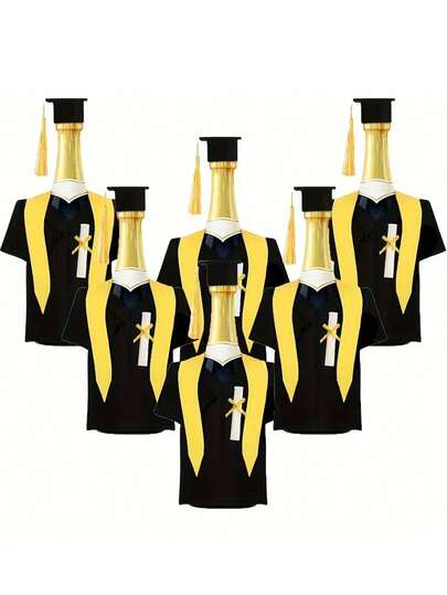 2pcs/Set Graduation Season Bottle Sleeve And Cap Decor, Non-Woven Fabric Mini Graduation Gown Bottle Decor, Graduation Gown And Tassel Cap Bottle Decor, Black And Yellow University Celebration Party Decor, Suitable For Gift Packaging And Bottle Decoration, Perfect For Graduation Season Party Decoration.