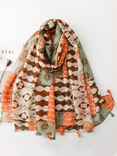 1pc Women's Casual Artistic Patchwork Floral Print Diamond Lattice Scarf Shawl With Tassel, Long Lightweight Wrap For Spring/Summer Travel, Vacation, Outdoor, Versatile Outfit Accessory