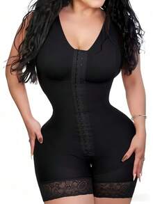 Large Faja ColombianaTight Fitting Bodysuit, Postpartum Abdominal Belt, Abdominal Tension, Waist Lift, Hip Leggings, Lace Decoration, Front Button Control, Abdominal Shaping Shorts - 黑色 - 查看 1