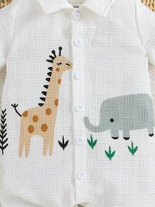 男婴休闲可爱卡通动物印花连体衣，街头时尚童装 - 白色 - 查看 5