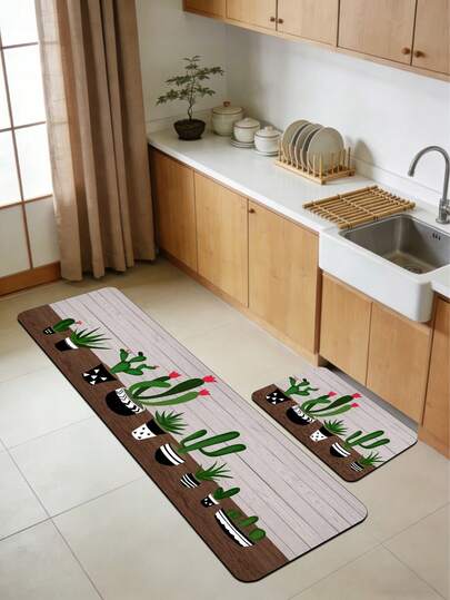1pc Silicone Bathroom/Kitchen Mat, Light Wood Grain Base With Contrasting Dark Brown Simulated Planter Area, Featuring Assorted Cactus And Succulent Plants In Geometric Patterned Pots, Some With Red Flowers, Suitable For Kitchen, Bathroom, Entryway, Laundry Room, Bedroom, Living Room Decor