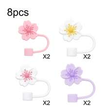 4pcs/8pcs Floral Decorative, Dust-Proof Drinking Straws Covers, Silicone Caps For Water Bottles, Reusable Straw Covers For Gifts, Parties, Home & Party Decor, Back To School Supplies - 櫻花吸管蓋 - 查看 11