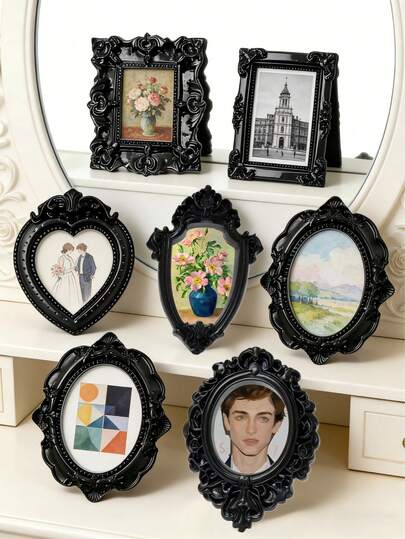 6 Pieces Of Black Combination Mini Retro Light Luxury Baroque Series Hollow Resin Photo Frame Decorations, DIY Fairy Tale World Doll House Photo Frame Decorations, Miniature Landscape Statue Handicrafts Window Decorations, Personalized Surprise Gifts For Family And Friends, Jewelry And Nail DIY Landscape Decoration Accessories