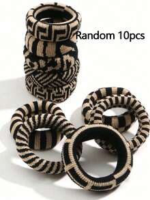 10/5/1件套装 随机款式 时尚黑白图案 女士加厚无缝发圈，高弹力发带，不伤厚发，牢固扎高马尾，发圈，发饰 - 彩色 - 查看 6