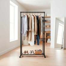 Miroytengo Cabideiro moderno preto para quarto, estrutura de metal com revestimento em melamina, barras duplas, ganchos resistentes para roupas, organizador de corredor, 75 x 157 x 39 cm. - Preto - Ver 6