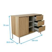 Miroytengo Aparador Sforza salón Roble natural 3 cajones guías metálicas 2 estantes 1 puerta estante interior melamina 120x75x39,5 cm De 2 a 3 días de envio - Roble - Ver 7