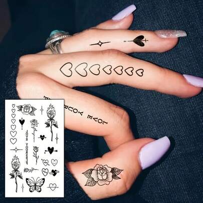 Waterproof Temporary Finger Tattoo Stickers - Realistic Rose, Flame, Thorn, Love, Arrow, Butterfly Designs - Easy To Apply And Remove, Body Art For Neck, Wrist, Skin, Waterproof Sweatproof Fake Tattoos