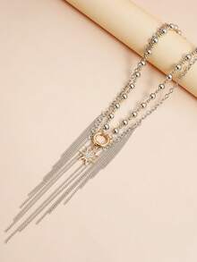 Retro Geometric Round Pearl CCB Beaded Sunflower Fringed Necklace - Fashionable Accessory - Multicolor - View 3