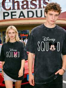 Disney Officially Licensed Graphic T Shirts 100 Percent Cotton  Shirt,  Princess Security Couple T-Shirt, Unisex, Washed 230g, Retro Vintage, Crew Neck Short Sleeve, Casual Daily Wear - 黑2 - 查看 1