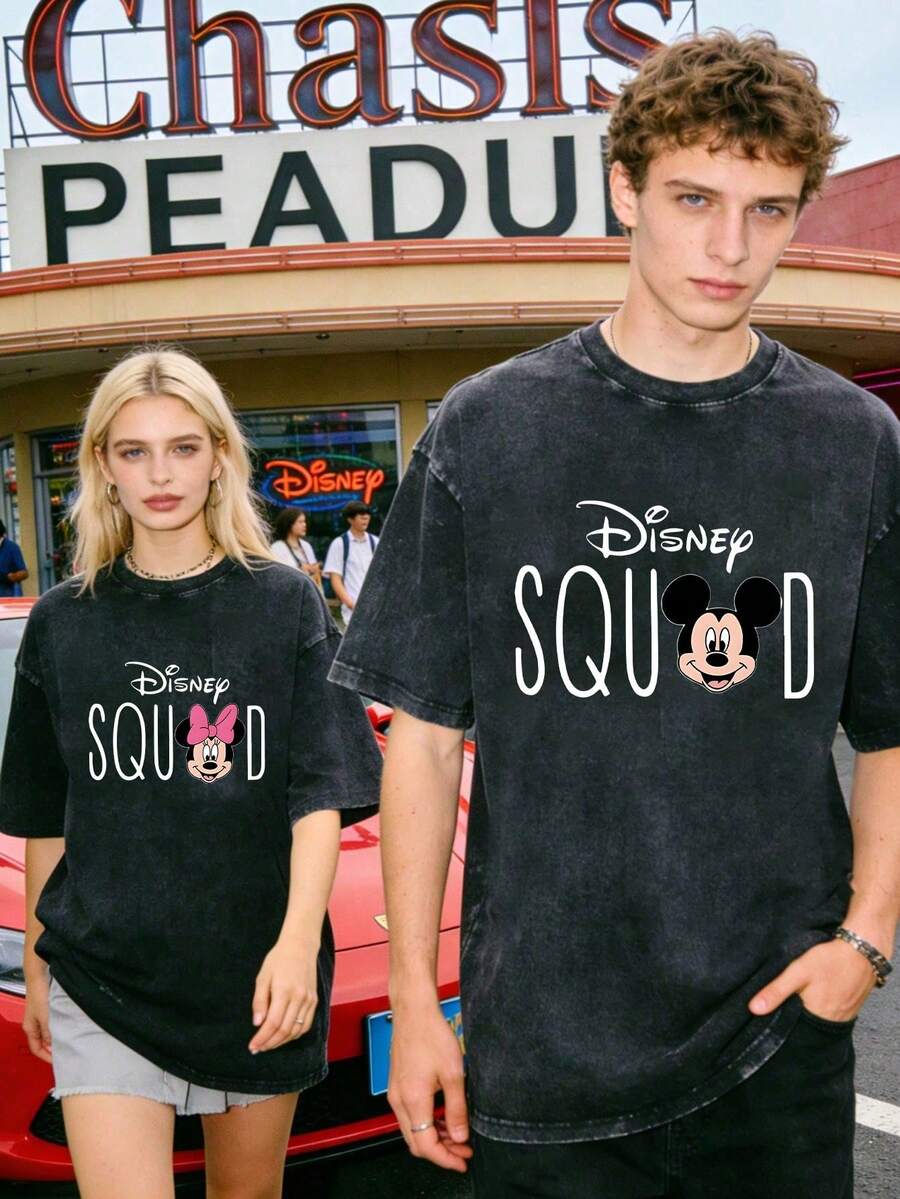 Disney Officially Licensed Graphic T Shirts 100 Percent Cotton Shirt, Princess Security Couple T-Shirt, Unisex, Washed 230g, Retro Vintage, Crew Neck Short Sleeve, Casual Daily Wear - 黑2 - 查看 1