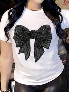 White Basic Coquette Tee, Black Bow Sparkly Graphic Loose Short Sleeve Daily Casual Top Coquette Aesthetic,Bow,Sparkly, - White - View 5