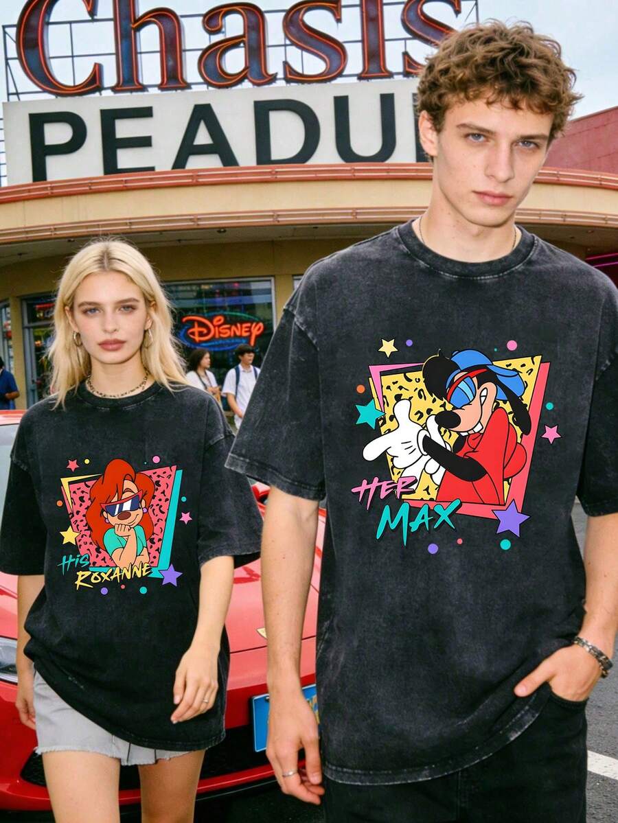 Disney Officially Licensed Graphic T Shirts 100 Percent Cotton  Shirt, Max Goof & Roxanne Retro Couple T-Shirt, Unisex, Washed 230g, Retro Vintage, Crew Neck Short Sleeve, Casual Daily Wear - 黑2 - 查看 1
