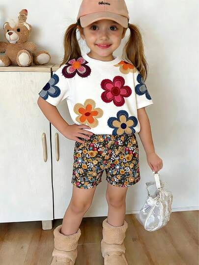 Bộ đồ thường ngày mùa hè cho bé gái gồm áo thun cổ tròn tay ngắn họa tiết hoa nhí và quần short họa tiết hoa nhí, thích hợp cho hoạt động ngoài trời.