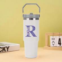30oz Water Bottles Stainless Steel Insulated Tumbler With Carry Handle Double Walled Leak Proof Fits Most Cup Holder Water Cup With Lid And Straw For Gym Home Office Travel A-Z Letters Purple Flower Pattern - Multicolor - View 15