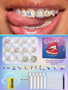 380件牙齿宝石套装，12罐DIY水晶首饰套装牙齿宝石套装，专业时尚牙齿宝石入门套装（不含胶水和灯） - 白AB - 查看 11