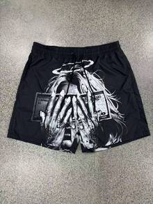 男士时尚休闲美式轻薄印花美元图案沙滩短裤，适合夏季穿着 - 黑色 - 查看 1