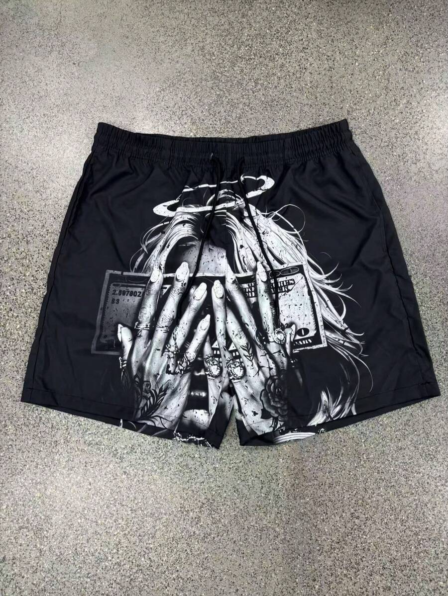 男士时尚休闲美式轻薄印花美元图案沙滩短裤，适合夏季穿着 - 黑色 - 查看 1