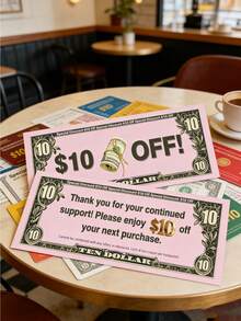 50张面值10美元的钞票式礼品券，适用于小型企业和客户答谢的忠诚度奖励折扣券 - 套裝 - 查看 1