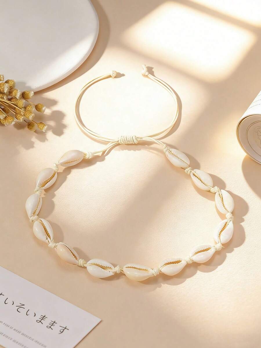 1 件贝壳项链，简约波西米亚风贝壳海滩风格女士项链，适合户外活动的独特礼物创意 - 米色 - 查看 1