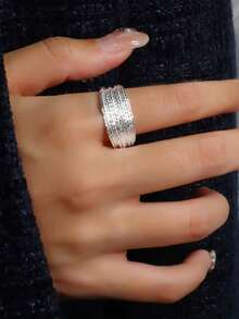 1pc Multi-Layer Line Woven Open Ring, European And American Style Creative Elegant Wide Wrap Around Half Circle Ring For Women - Silver - View 1