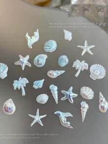 12格/盒 炫彩极光海洋美甲饰品 3D海螺海星贝壳和仿珍珠设计 美甲装饰 夏季清新风格美甲装饰配件，适用于美甲沙龙和海滩美甲DIY - 彩色 - 查看 8