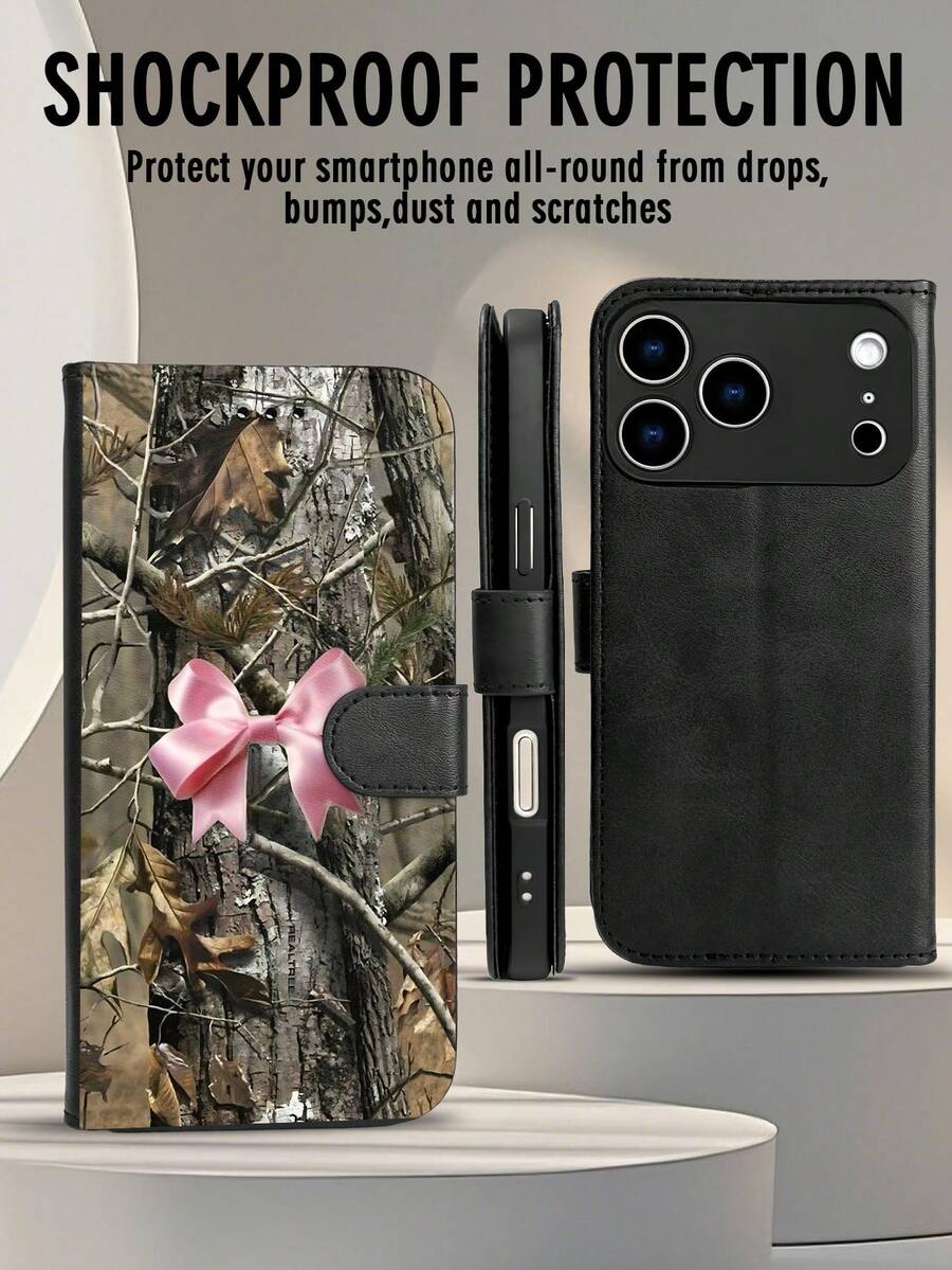 Wallet Phone Case,Folio Case Camouflage Pink Bow Flip Cover, Compatible With IPhone 17/16/15/14/13/12 Series (Pro Max/Plus), Handcrafted With Kickstand And Card Slots, Tailored For The Fashion-Forward Individual. - 黑色 - 查看 1