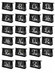 Bolsa de malha preta com estampa de letras brancas de A a Z, transparente, para guardar cosméticos. Grande capacidade e multifuncional, ideal para viagens, guardar batons, produtos de cuidados com a pele, maquiagem e outros itens essenciais. Perfeita para estudantes, com zíper e design minimalista. Ideal para guardar joias, joias, viagens, negócios, natação e para guardar em casa. Perfeita para as férias de verão. - Preto - Ver 2