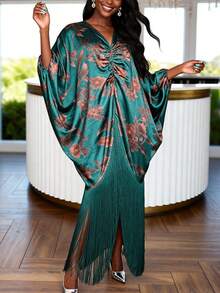 Elegant Women's Satin Floral Print Maxi Dress, V-Neck Batwing Sleeve, Ruched Fringe Hem, Suitable For Vacation, Party, Celebration - Green - View 5
