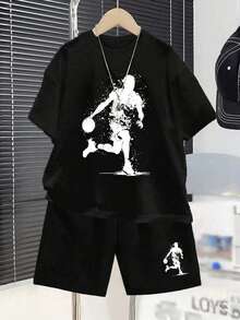 2pcs/Set Young Boy Graphic Print Round Neck Short Sleeve T-Shirt And Shorts Casual Outfit - Black - View 1