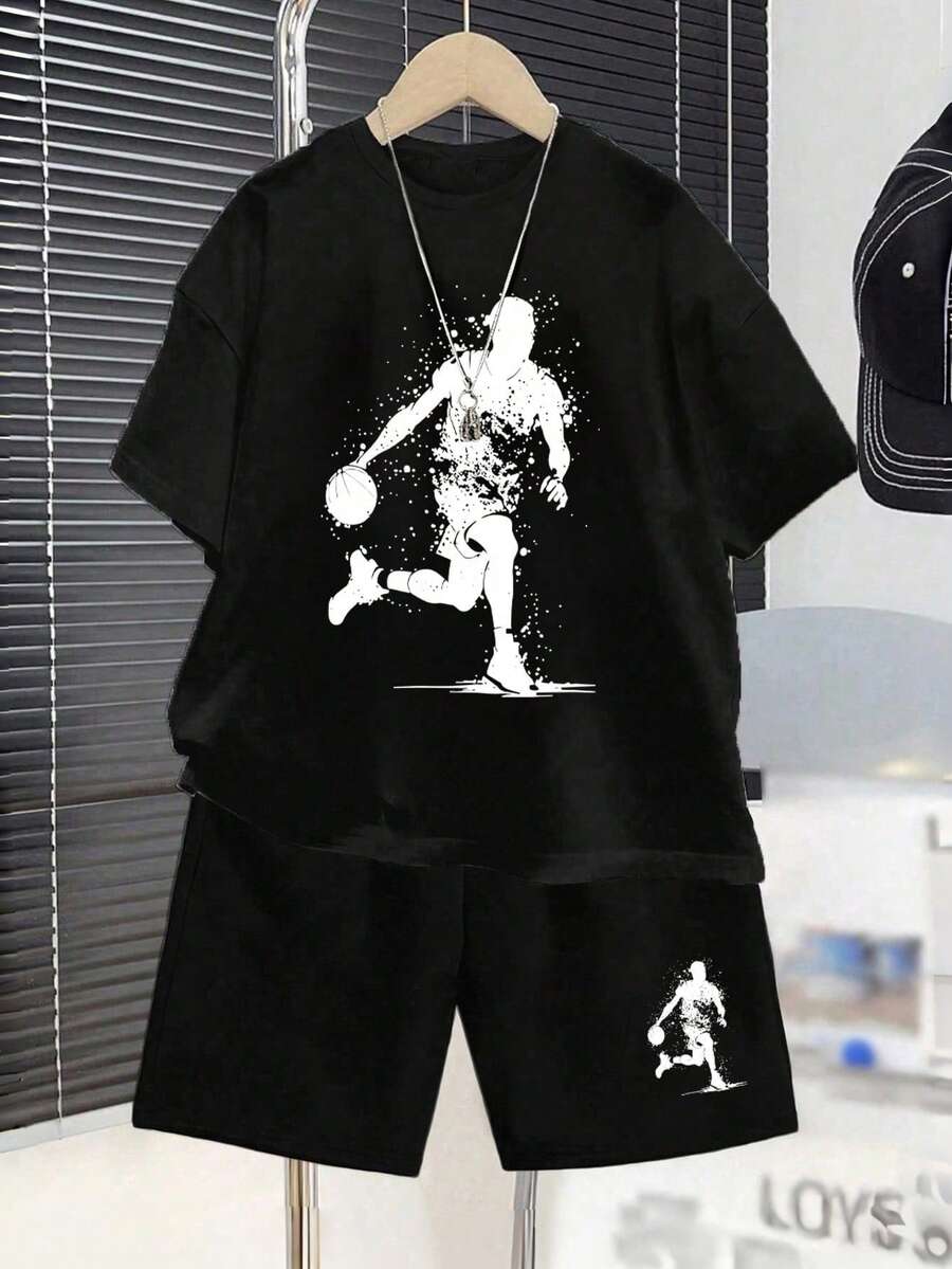 2pcs/Set Young Boy Graphic Print Round Neck Short Sleeve T-Shirt And Shorts Casual Outfit - Black - View 1