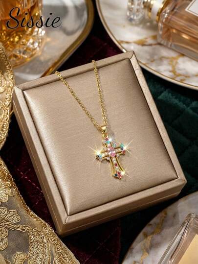 1pc Cute & Shiny Cubic Zirconia Decorated Hollow Cross Pendant Necklace Plated With 18K Gold, Ideal For Blessing Jewelry, Easter Gift