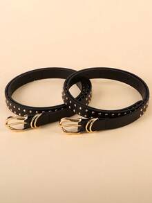 1 pieza Cinturón delgado y elegante para mujer con remaches dorados pequeños y hebilla de aleación, cinturón de piel de poliuretano sólido, de color lindo y elegante, adecuado para primavera, verano y escuela - Negro - Ver 7