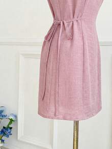 Pink Ruffled Neckline Sleeveless Floral Sleeve Short Dress, Standard Size, Casual Chic Elegant Daily Wear, Spring/Summer - Pink - View 3