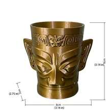 三星堆文化复古青铜脸设计PLA材质独特浮雕纹理双耳设计趣味笔筒，适合用作书房或办公室的多功能笔筒 - 雙耳人面款 - 查看 9