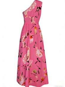 Women's Floral Print Green Flower Hem A-Line Dress, Elegant Sleeveless Dress Without Belt Vacation Pink Summer - Pink - View 2