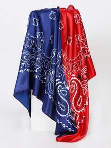 1条90厘米缎面佩斯利花纹印花女士方巾，休闲防晒头巾，大披肩 - 藍紅 - 查看 3