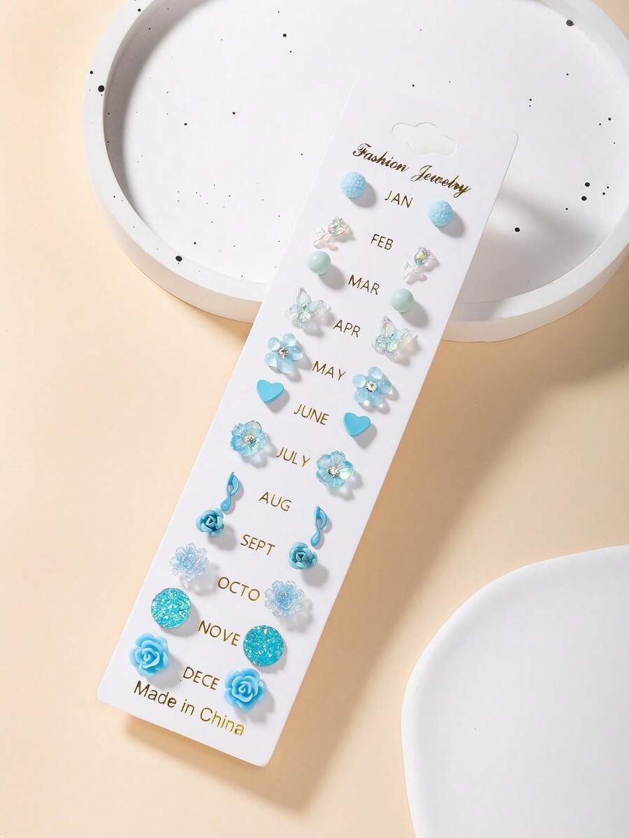 12对装可爱雏菊耳钉套装,树脂材质,简约时尚,款式多样,设计不重复,节日礼物,适合日常休闲佩戴 - 淺藍色 - 查看 1