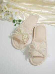 Elegant Home Fashion Fabric Pearl Slippers, Spring/Autumn New Design Ladies House Slippers - Beige - View 7