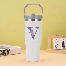 30oz Water Bottles Stainless Steel Insulated Tumbler With Carry Handle Double Walled Leak Proof Fits Most Cup Holder Water Cup With Lid And Straw For Gym Home Office Travel A-Z Letters Purple Flower Pattern - Multicolor - View 10