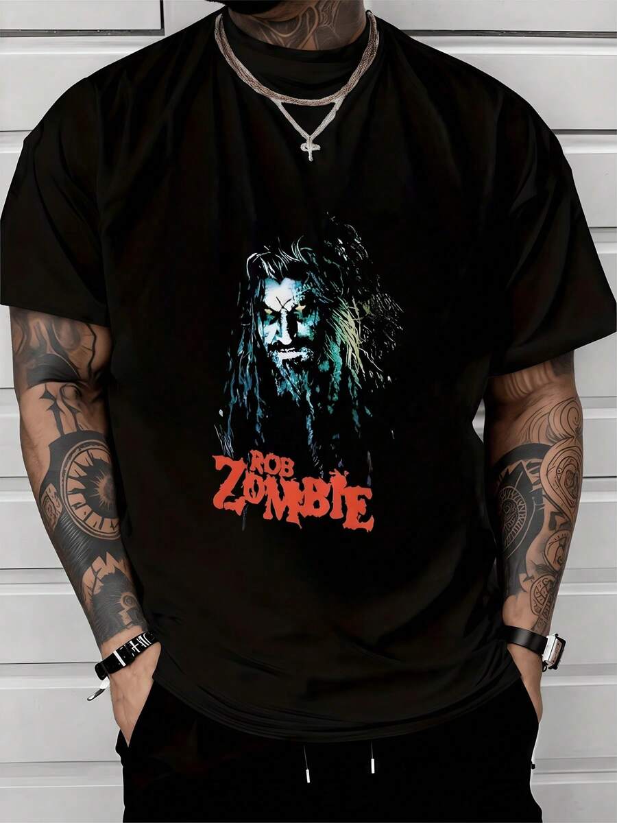 Rostro misterioso entre sombras con mirada intensa que transmite poder rebeldía y fuerza interior acompañado de letras rojas con energía salvaje camiseta de hombre de algodón cómoda ideal para conciertos y uso casual contemporáneo - Negro - Ver 1