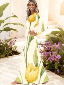 - Long Sleeve Maxi Dress Cream Yellow Tulip Floral Print  Elegant Kaftan Style With Crew Neck, Slight Stretch Fabric For Spring Summer Outings And Garden Parties - style - 查看 2