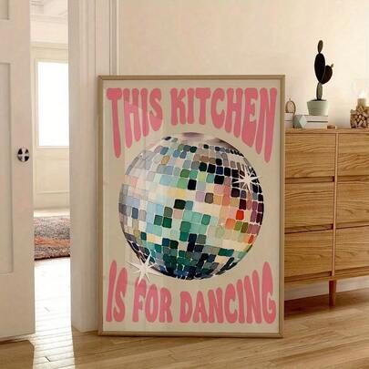 1幅无框复古厨房墙画，复古“这个厨房是用来跳舞的”墙画海报 - 1幅复古迪斯科球设计，粉色文字和彩色马赛克，无框帆布画，适用于厨房、客厅、卧室装饰 | 充满活力的墙画 | 艺术文字设计，室内/室外均可使用，客厅装饰