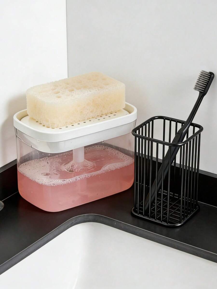 1/2个皂液器，二合一餐具皂液器 | 含海绵架 | 按压清洁 | 保持厨房水槽整洁 | 提升您的厨房习惯 | 时尚二合一皂液器和海绵垫 | 轻松洗碗，简约台面