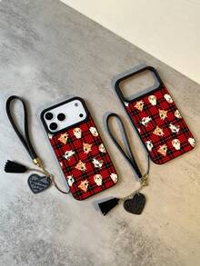 1pc Fashion New Black & Red Plaid Dog Pattern Litchi Texture Anti-Fall Anti-Slip Soft Phone Case + Heart Lanyard, Compatible With Apple, Phones - Multicolor - View 3